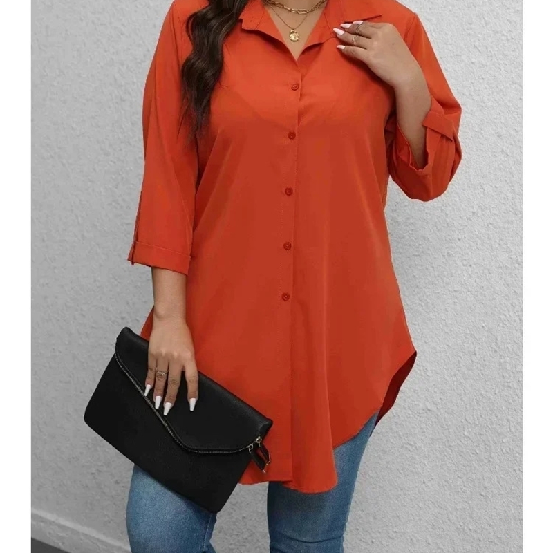 Plus Size 1XL5XL Fashion Womens Solid Color RollUp Sleeves TurnDown Collar Blouse Ladies ButtonUp Casual Chic Top Shirt w250520