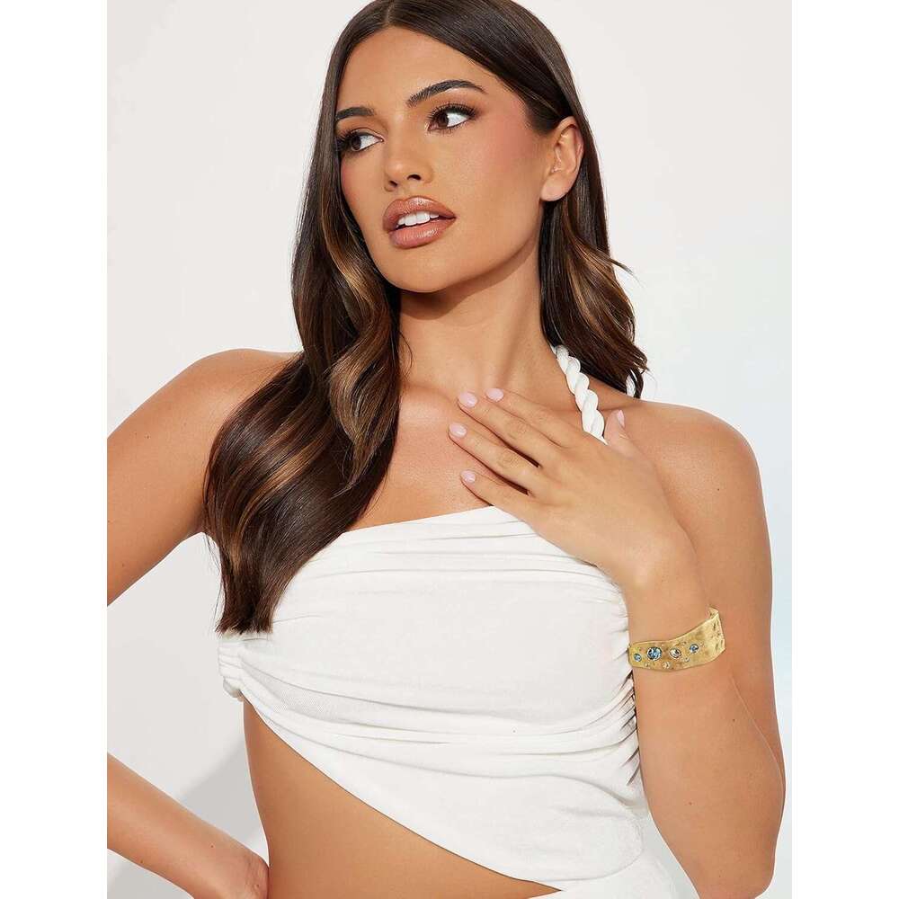 Chunky Bangles for Women Vintage Matte Hinged Bangle with Blue Crystal Irregular Wide Statement Gold Bracelets