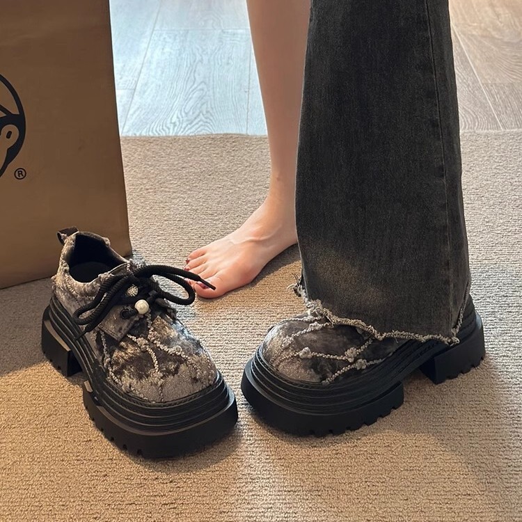 Ddmysports Chunky Lace Up Leather Shoes For Women Skirts Spring New French Style Loafers With Thick Soles Outdoor Shoes