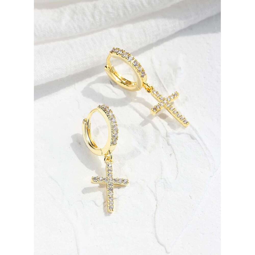 14K Plated Drop Dangle Hoop Trendy Gold Women Small CZ Hie Hoops Dangling Dia Cross Earrings for Men Hypoallergenic Lightweight
