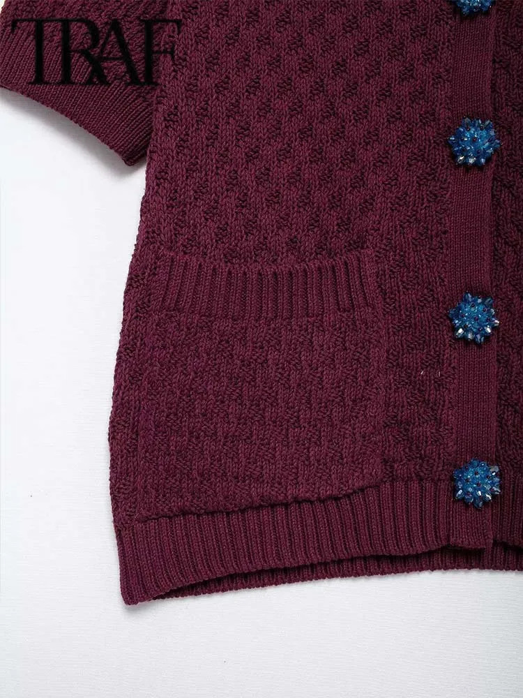 Women Fashion Jewelry Button Cardigan Short Sleeve Vneck Knitted Sweater Cardigans Chic Female Knitwear Coat 250612