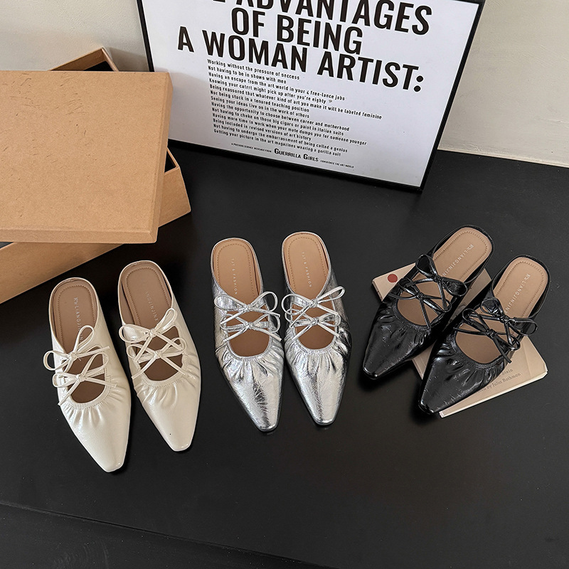 Ddmyoutdoor Hidden Wedge Silver Bowknot Closed Toe Mules For Women Fashionable Outdoor New Summer Mary Jane Sandals Outdoor Shoes