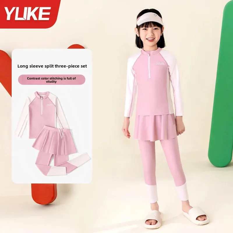 Girls Conservative Long Sleeve Swimwear Separate Pieces Sun Protection Swimming Suit Childrens Clothing from Mainland China 250614