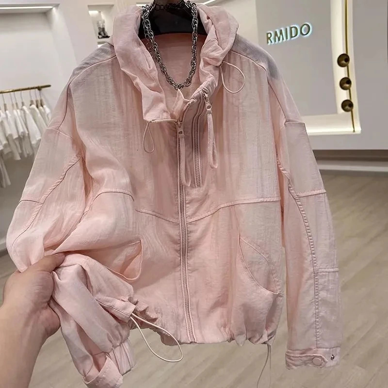 Casual Loose Hooded Short Sun Protection Clothing For Women Thin Breathable Jacket Summer Trench Coat 250611
