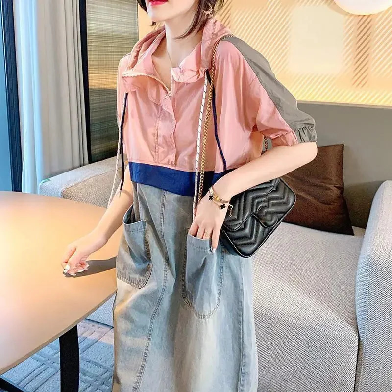 Spliced Hooded Denim Dress For womens Summer Fashion Loose Thin Short sleeved Casual Dress Female 250609
