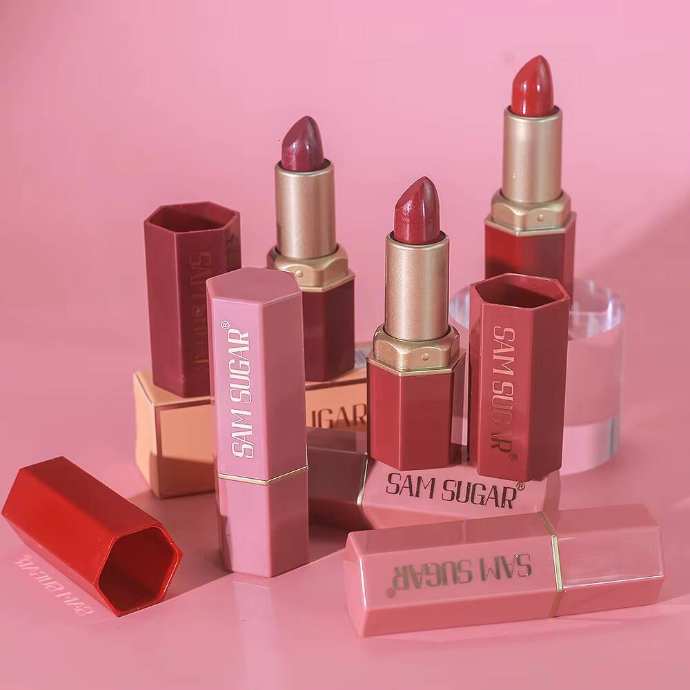 6 Colors Bar Tube Lipstick Diamond Pearlescent Glitter Gold Pink Lips Stick Long-Lasting Non-Sticky High-Shine Makeup happy