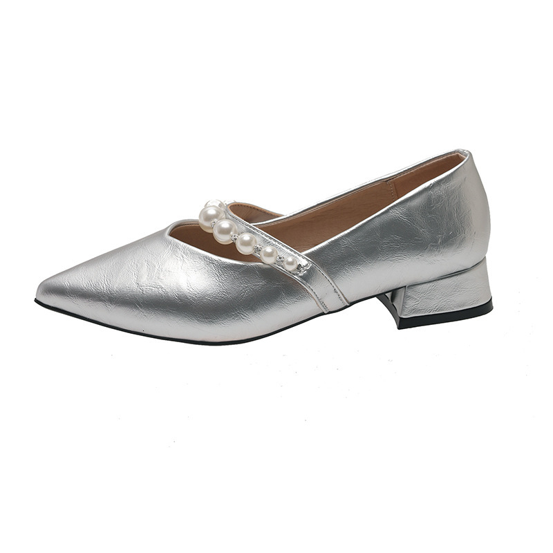 Ddmyoutdoor French Style Mary Jane For Women Spring Summer New Pearl Strap Pointed Toe Dress Shallow Mouth Single Shoes Outdoor Shoes