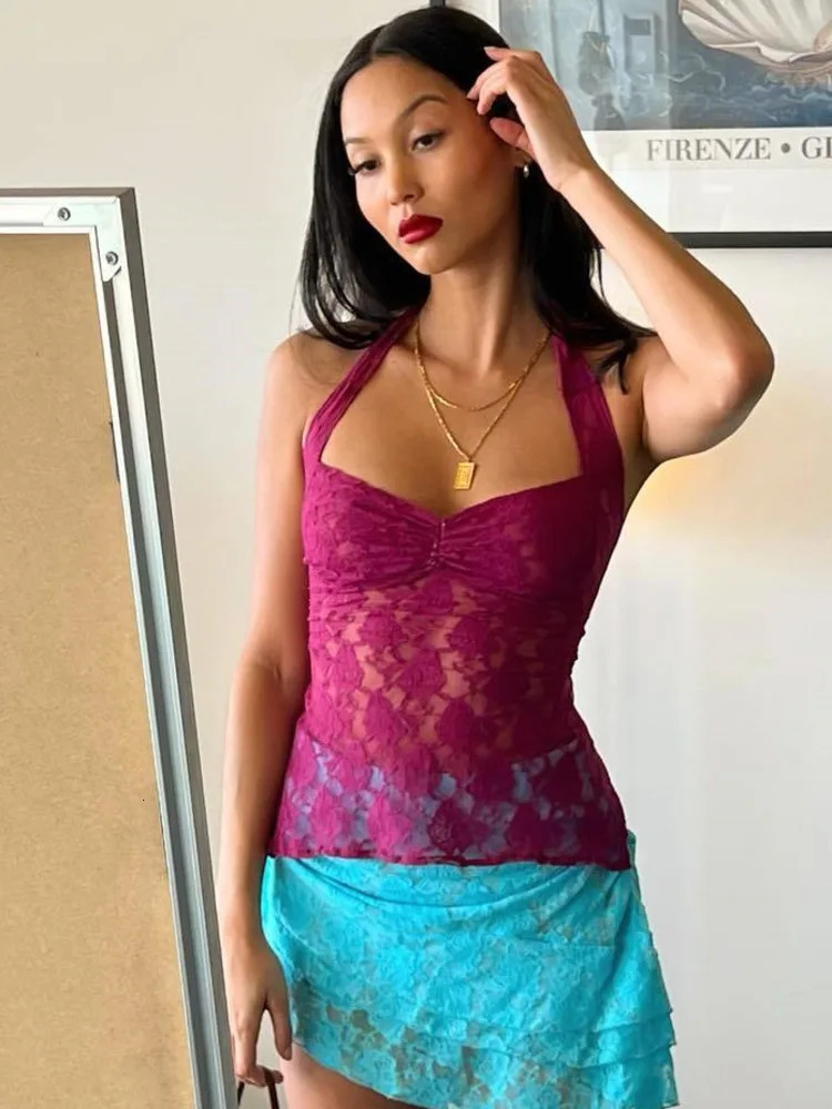 JULISSA MO Ladies Sexy Halter Bandage Lace See Through Crop Top For Women Summer Backless Slim Party Tops Vest 250611