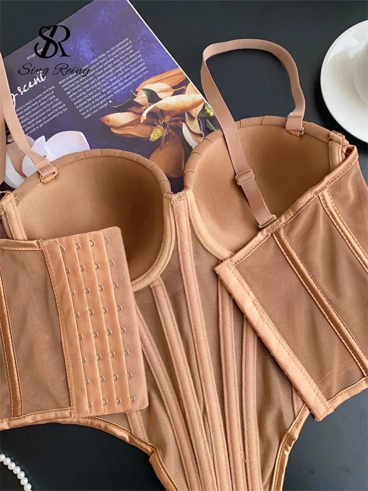SINGREINY Fashion Solid Corset Lingerie Top Ladies Strap Sheer Mesh Slim Camisole American Retro Backless Beach Sexy Tank Top 250611
