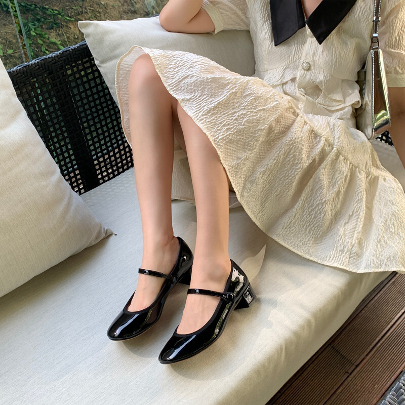Ddmysheep Ddmysheep Soft Patent Leather Mary Jane French Elegant Hepburn Round Toe Mid Chunky Heel Single Red Ballet Shoes