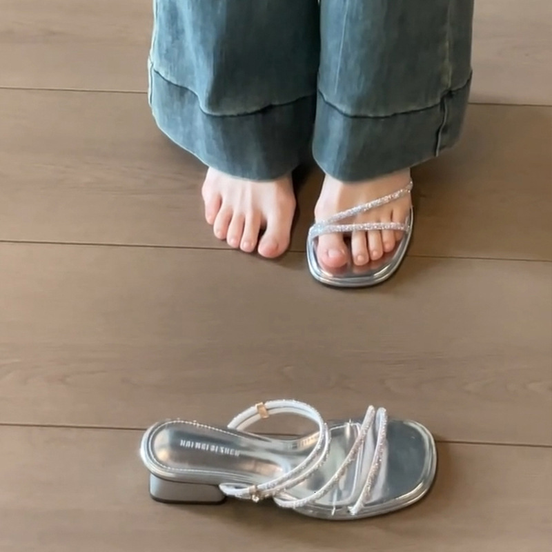 Ddmyoutdoor Rhinestone Thin Strap Two Way Fairy Style Stunning Dress Sandals For Women Summer New Thick Mid Heel High Heels Outdoor Shoes