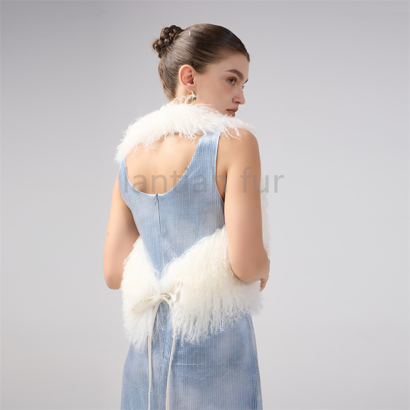 New Fluffy Real Mongolian Fur Halter Cropped Top For Women Sexy Backless Sleeveless Tank Vest Female Chic Street Club Party Chic Tops