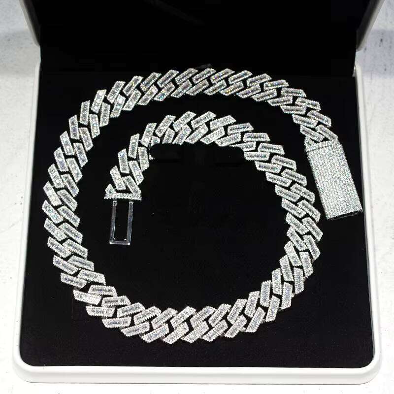 Hip Hop Men 20Mm Width Baguette Three-Row Moissanite Miami Full Iced Out Cuban Link Chain Necklace