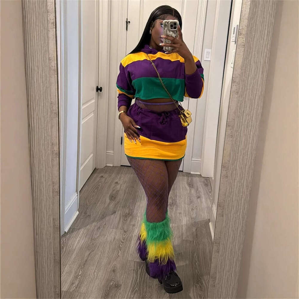 New Orleans Festival Color-Block Trendy Striped Loose Short Top With Tie Waist Bodycon Skirt Set B5