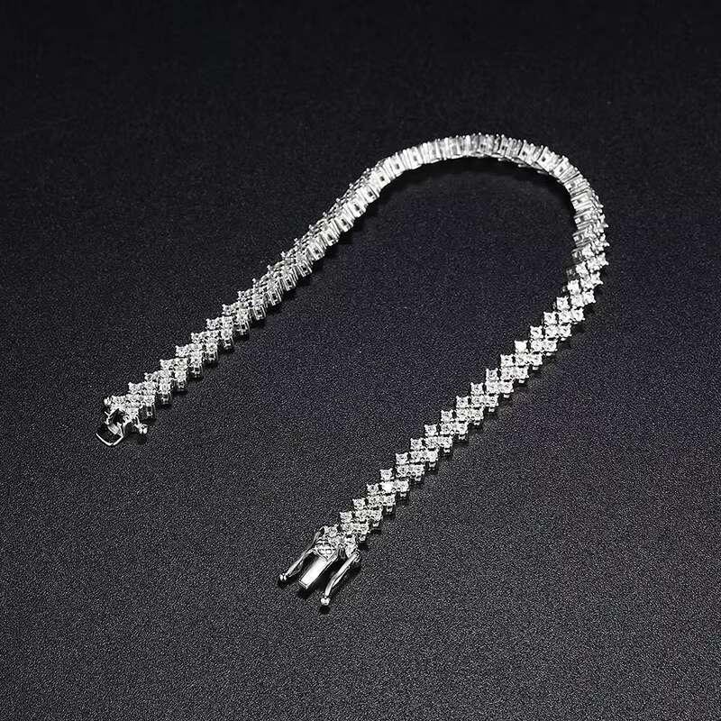 Sparkling Luxury 1.4mm Moissanite Tennis Bracelet for Women 18K White Gold Plated S925 Silver Three Row Rhombus Shape