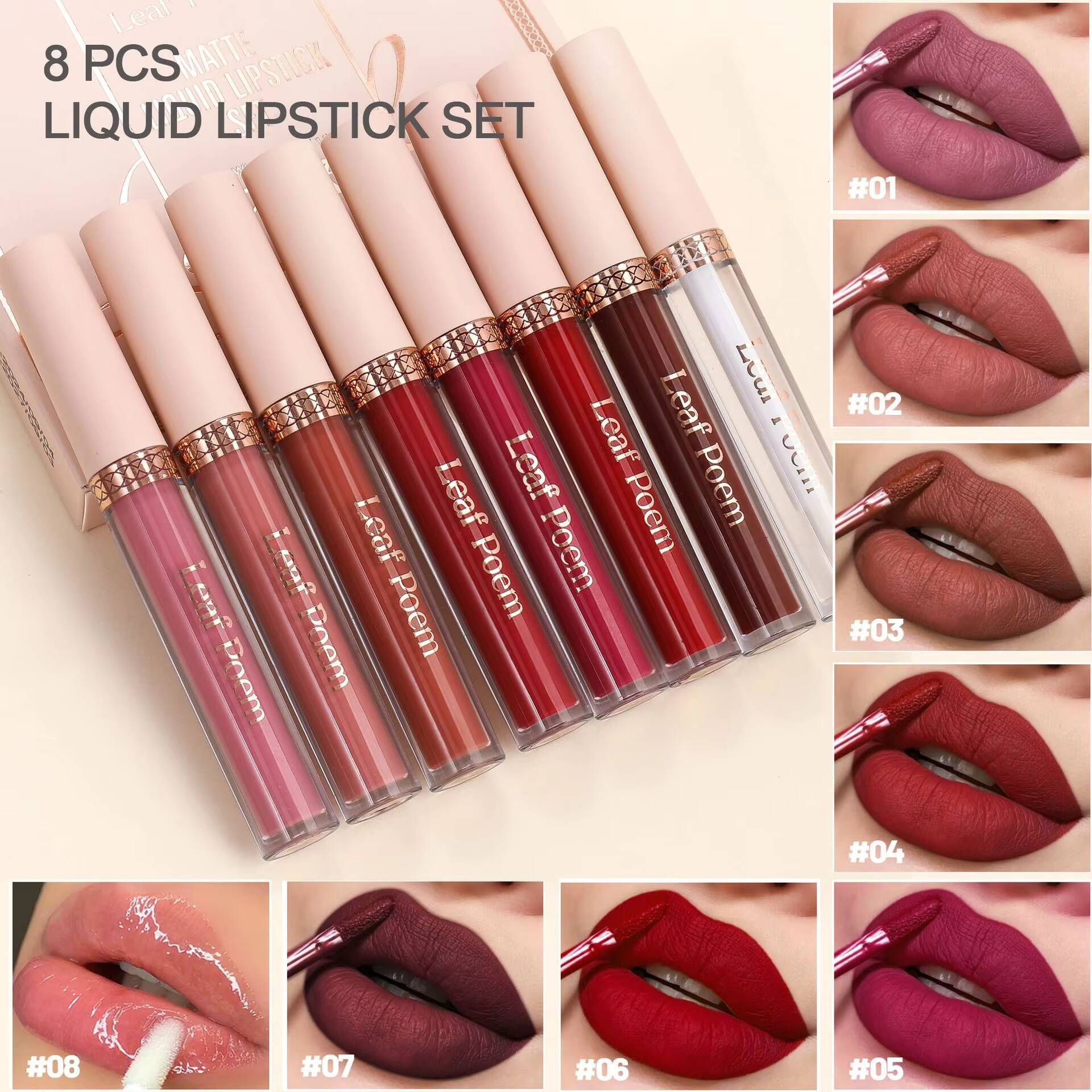 8 pcs matte liquid lipstick, glaze - waterproof, non-stick, long-lasting lip gloss, brown, pink, purple and red tones, suitable for Valentine's D