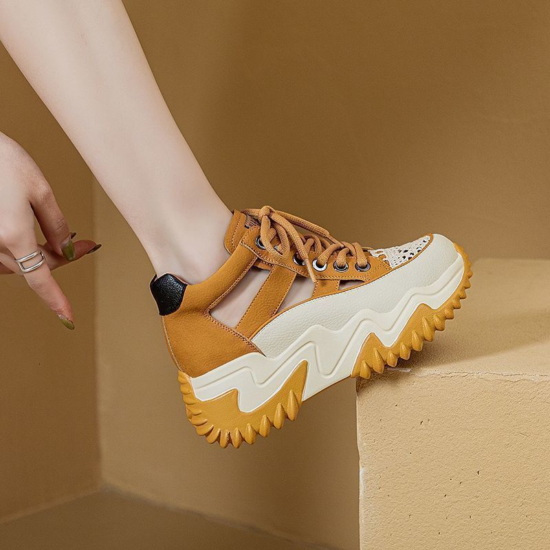 Ddmysports New Lace Up Thick Soled Height Increasing Dad Shoes Summer Versatile Fashion Color Blocking Hollow Breathable Sneakers For Women Outdoor Sh