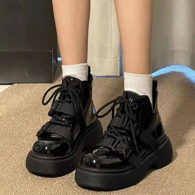 Ddmysports British Style Leather New Thick Sole Versatile Height Increasing Student Black Martin Boots Outdoor Shoes