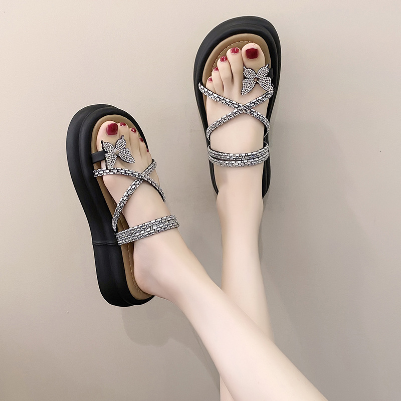 Ddmyoutdoor Thick Soled Women S Summer Outdoor Slippers New Style With Shiny Rhinestones Cross Straps Butterfly Toe Ring Roman Sandals Outdoor Shoes
