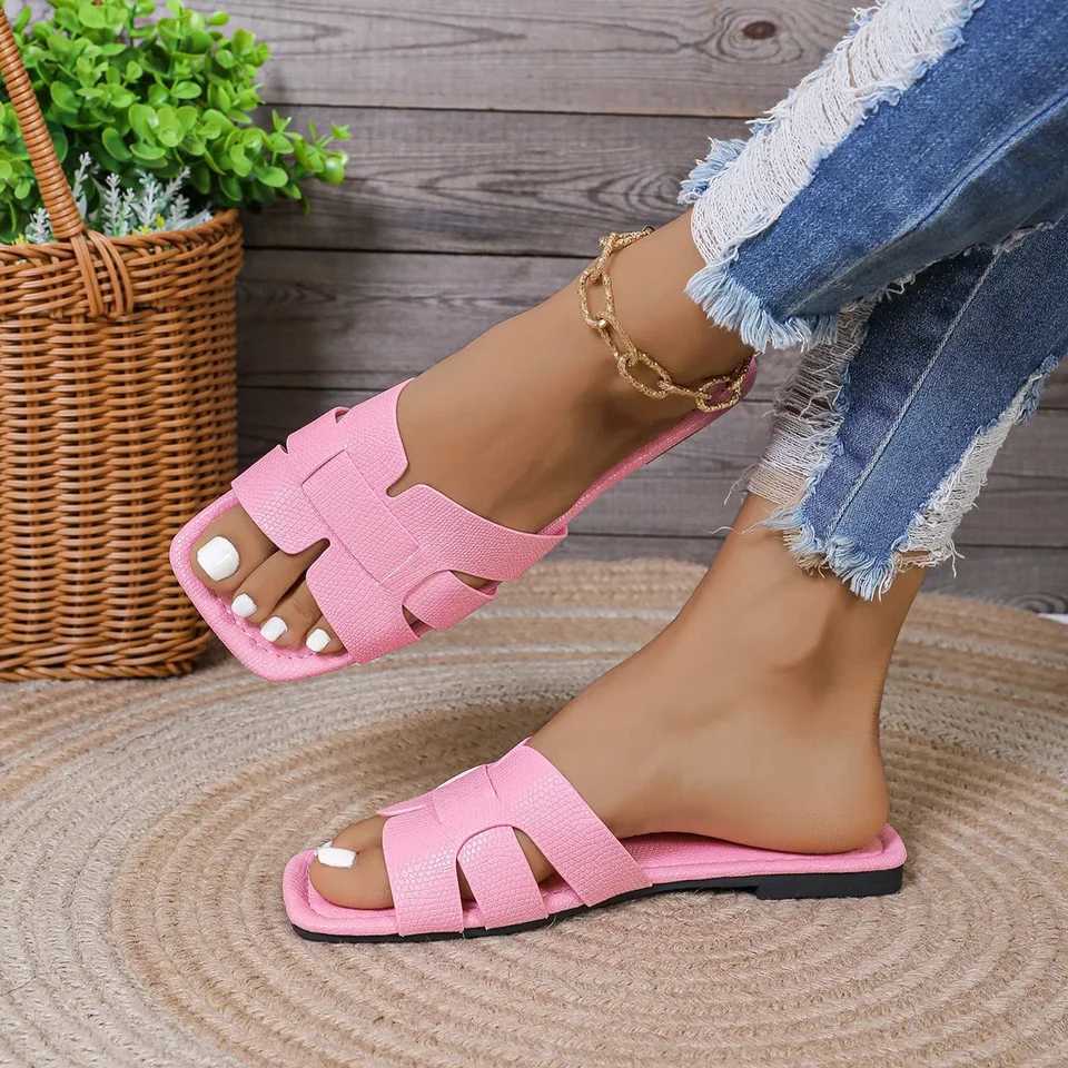 Pink womens leather slippers comfortable open heel flat shoes casual couple beach sandals Z250614