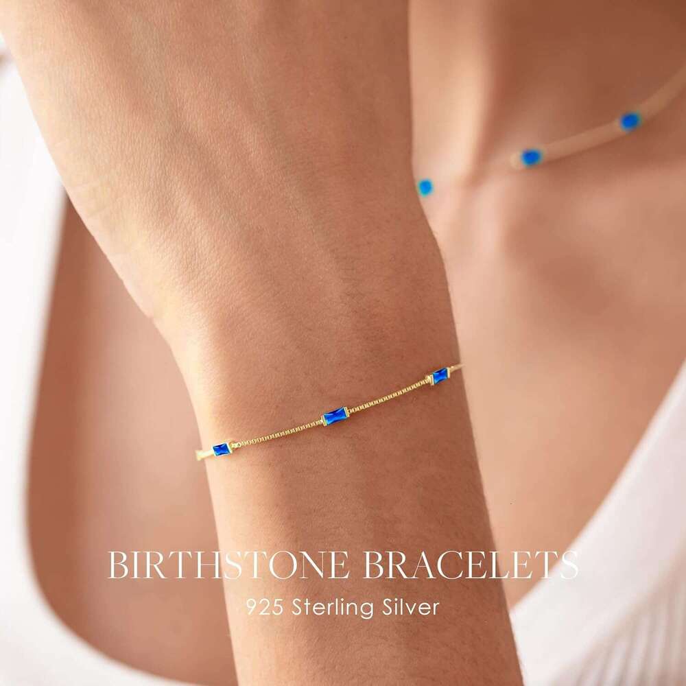 Birthstone Bracelets Women, Sterling Sier Dainty Simple Charm Link Bracelet, Birthday Anniversary Jewelry Gifts for Women Wife Mom Her