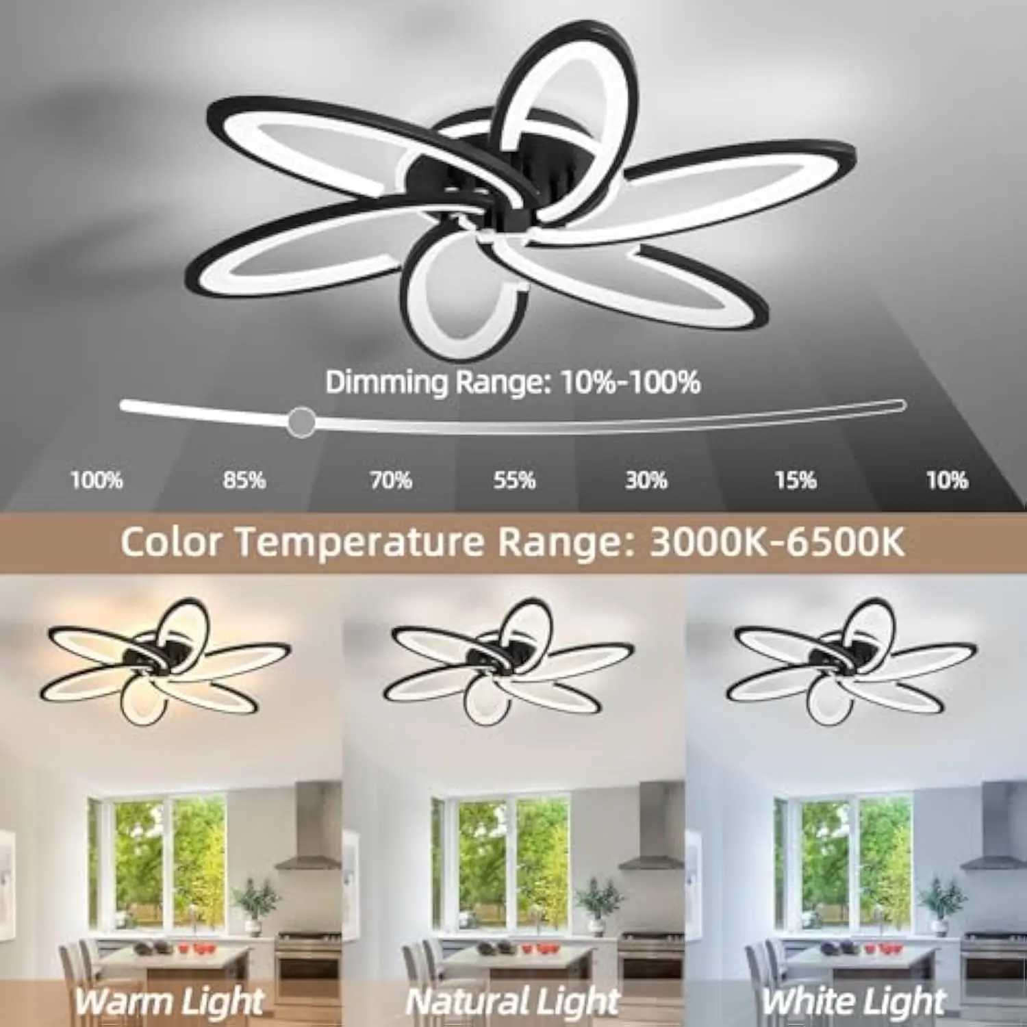 Modern LED Ceiling Light 6+1 Rings 93W Dimmable Ceiling Light Fixtures 29.5 3000K-6500K Flush Mount Black Flower Ceiling Lamp XJ2500613