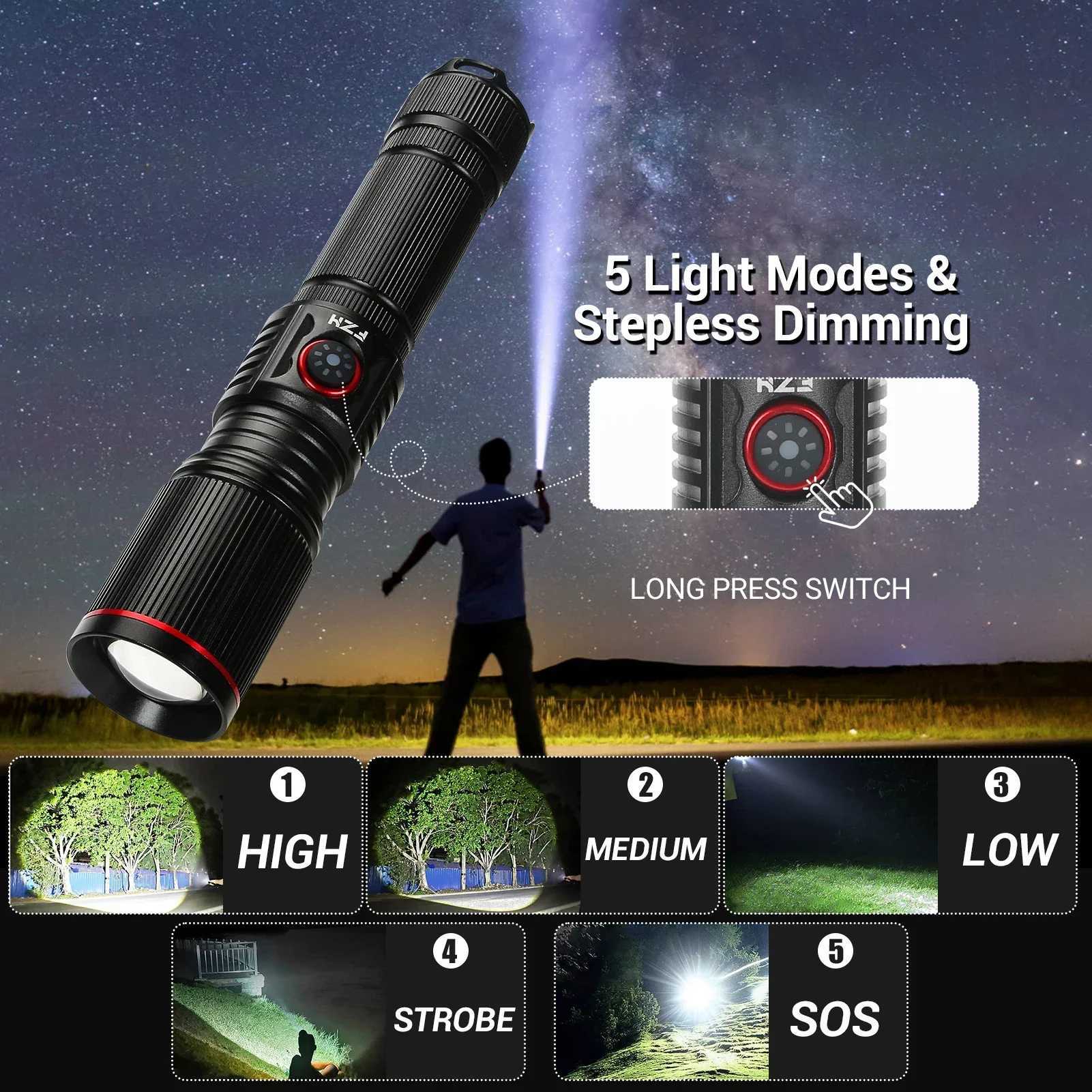 Powerful 50W White Laser Zoom Flashlight Use 18650 or 21700 Battery USB Rechargeable Torch Outdoor Hunting Emergency Lantern W250613
