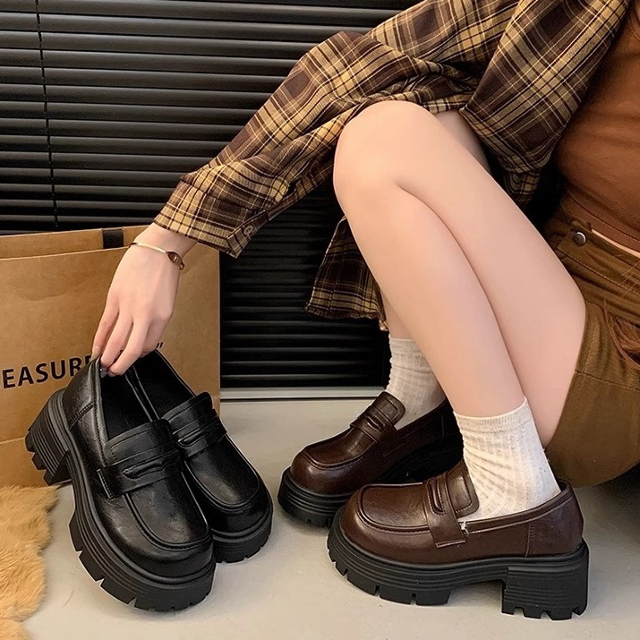 Ddmysports Platform Thick Sole Loafers For Women Spring And Autumn New French Chunky Heel Single British Style Versatile Leather Shoes Outdoor Shoes
