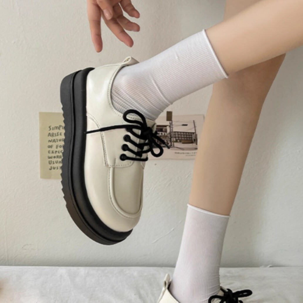 Ddmysports Women S British Style Leather New Spring Versatile Platform Thick Sole Student Lace Up Single Shoes Outdoor Shoes