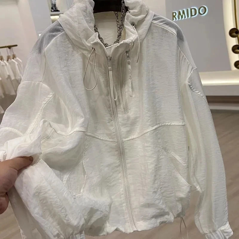 Casual Loose Hooded Short Sun Protection Clothing For Women Thin Breathable Jacket Summer Trench Coat 250611