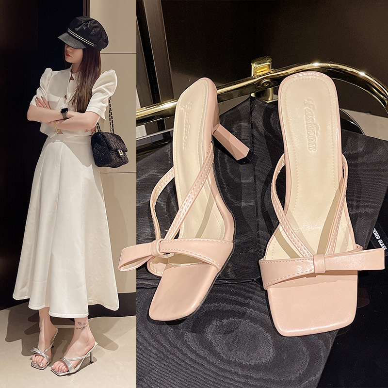 Ddmyoutdoor Fairy Style Elegant Dress Sandals Sweet Bowknot One Strap Slippers Women Summer Outdoor Open Toe Stiletto Heels Outdoor Shoes