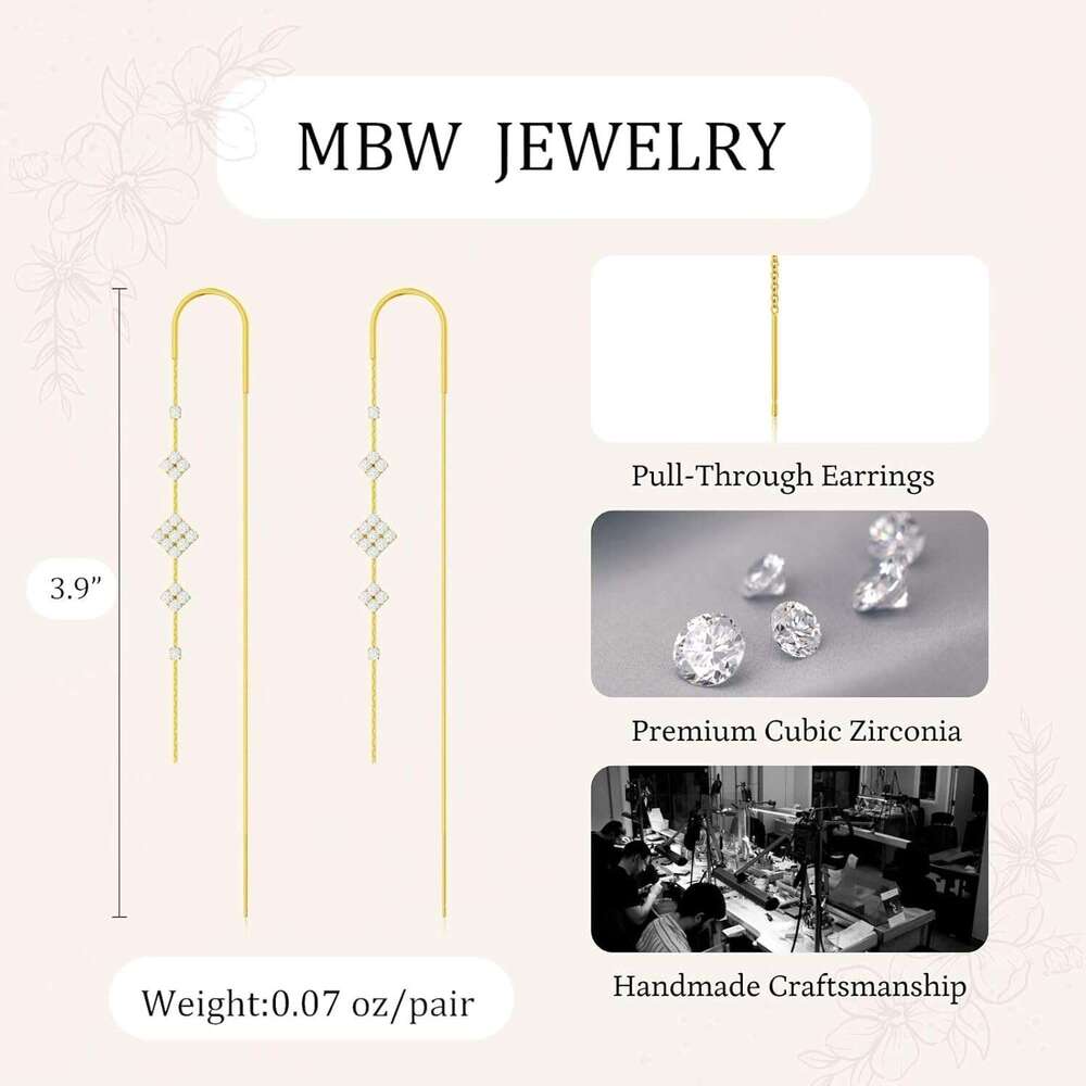 Gold Threader Women, 14K Dangle Long Drop Earrings Dangling, Dainty Elegant Dangly Ear Chain with Tassel and Cubic Zirconia for Wedding Hoco Trendy Je
