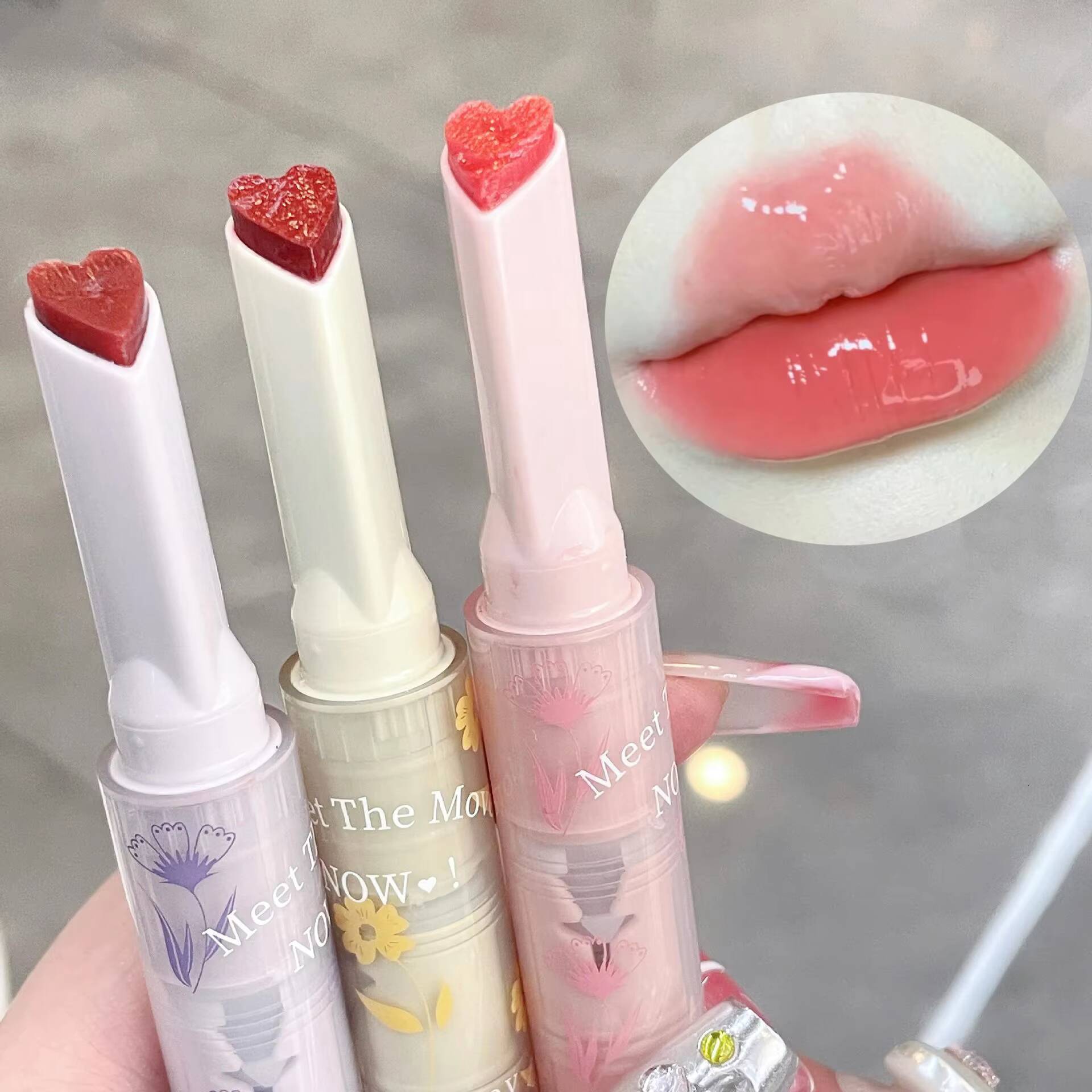 Mirror Lipstick Pen Heart Shape Plumper Guava Cherry Pink Gloss Crystal Glaze Tint Press Type Lip Balm Makeup happy