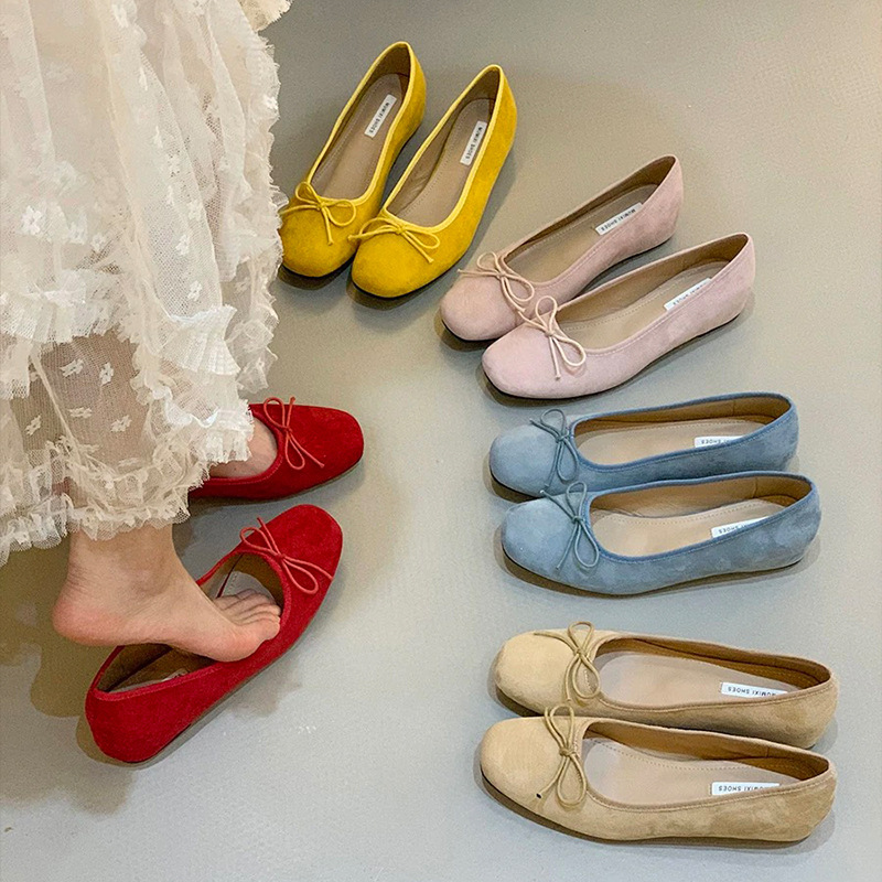 Ddmyoutdoor French Style Hidden Wedge Suede Ballet Flats For Women New Spring And Autumn Red Bow Evening Shoes Outdoor Shoes