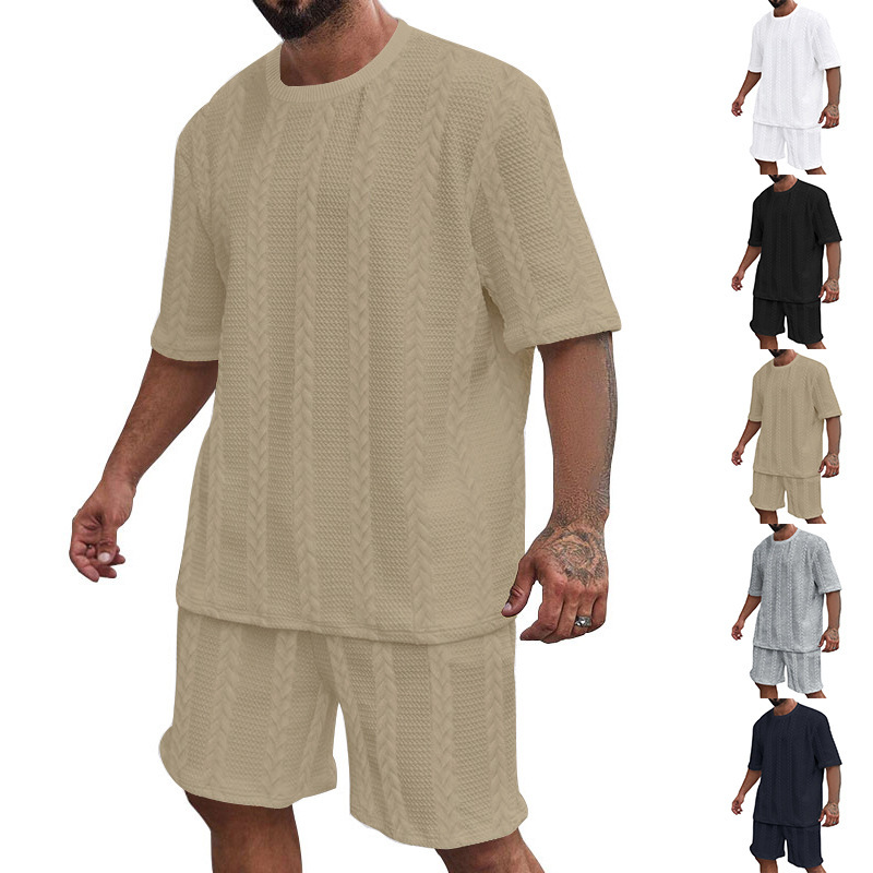 Sportswear Set Casual Sportswear Mens Knitted solid-color jacquard casual round-neck pullover short sleeve and shorts sportswear men's set Europe