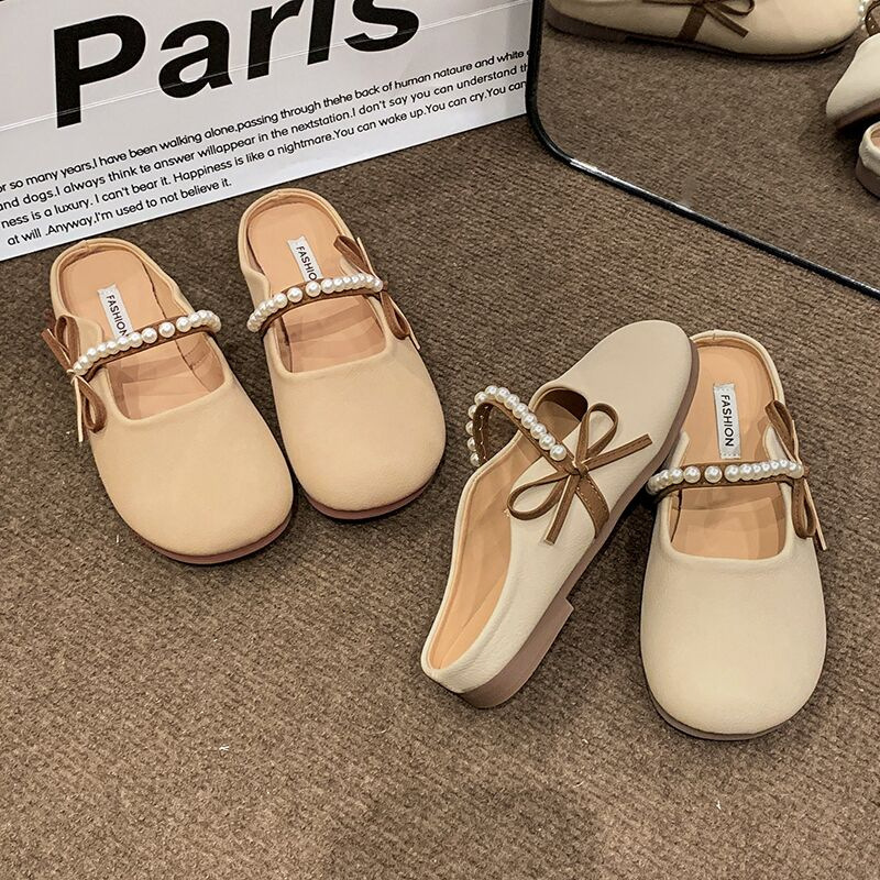 Ddmyoutdoor Spring New Sweet Pearl Bowknot Closed Toe Half Slippers For Women Flat Slip On Lazy Shoes Outdoor Shoes
