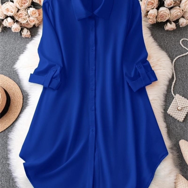 Plus Size 1XL5XL Fashion Womens Solid Color RollUp Sleeves TurnDown Collar Blouse Ladies ButtonUp Casual Chic Top Shirt w250520