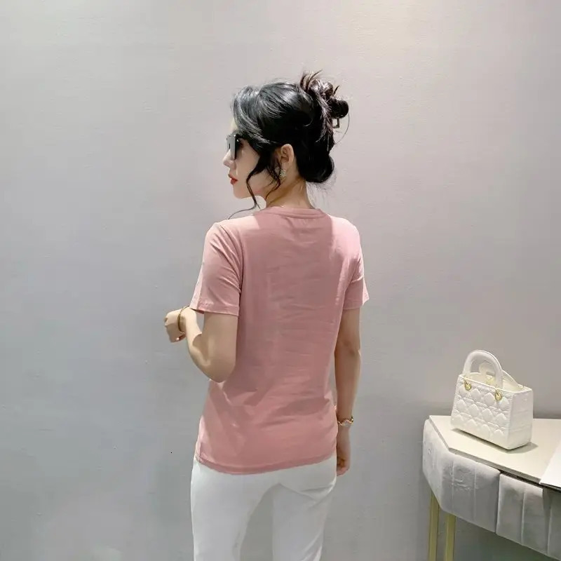 Lovely Ironing Diamond Pure Cotton Short-sleeved T-shirt for Womens Summer Loose Slim and Fashionable Top 250609