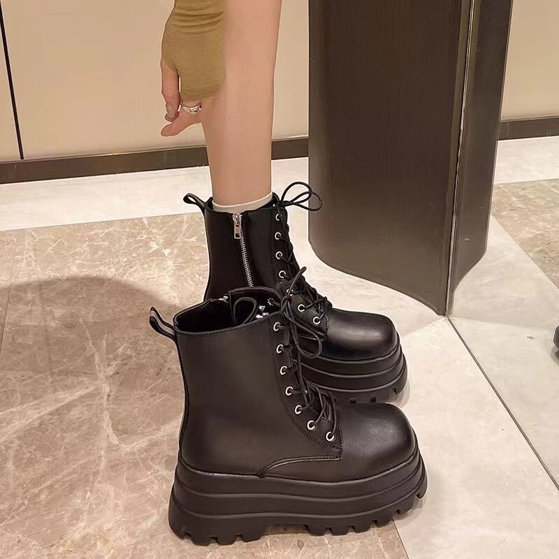 Ddmysports Trendy Girl Height Increasing Shoes New Model Slimming Thick Sole British Style Short Martin High Heel Motorcycle Boots Outdoor Shoes