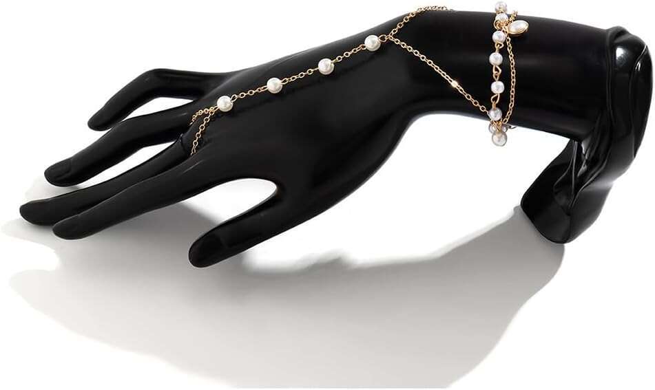 Cute Beaded Pearl Gold Hand Chain Bracelets Rings for Women Dainty, Exquisite Beads Pearls Finger Ring Slave Bracelet Party Prom Jewelry Accessories G