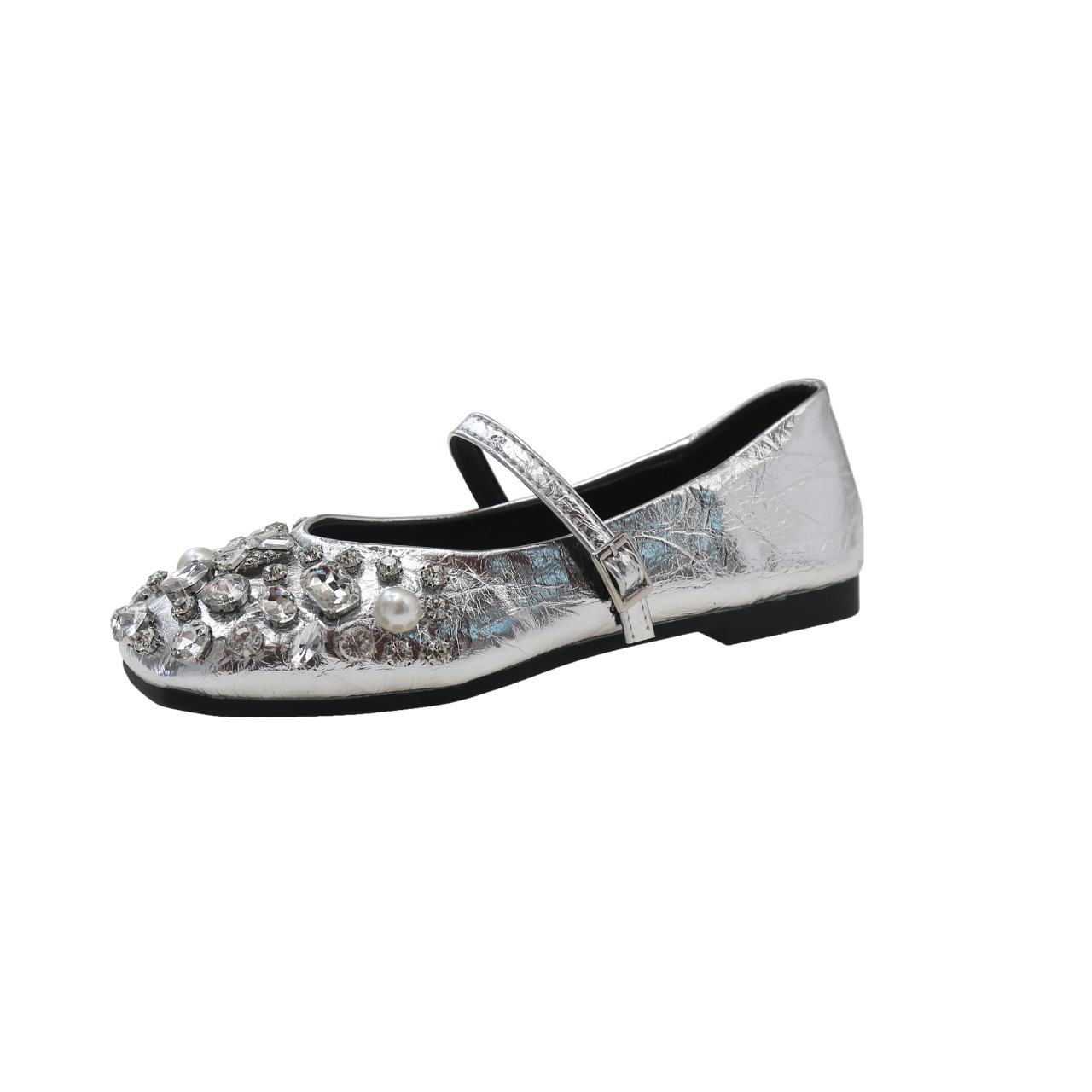 Ddmyoutdoor Flat Shallow Mouth For Women Spring Summer New Fashion Evening Style Rhinestone Pearl Buckle Strap Single Shoes Outdoor Shoes