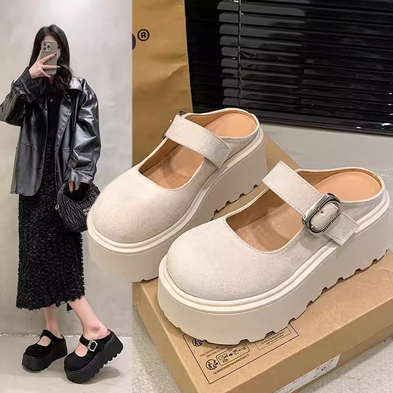 Ddmysports Spring Platform Thick Sole Closed Toe Half Slippers For Women New Height Increasing Versatile Magic Tape Sandals Outdoor Shoes