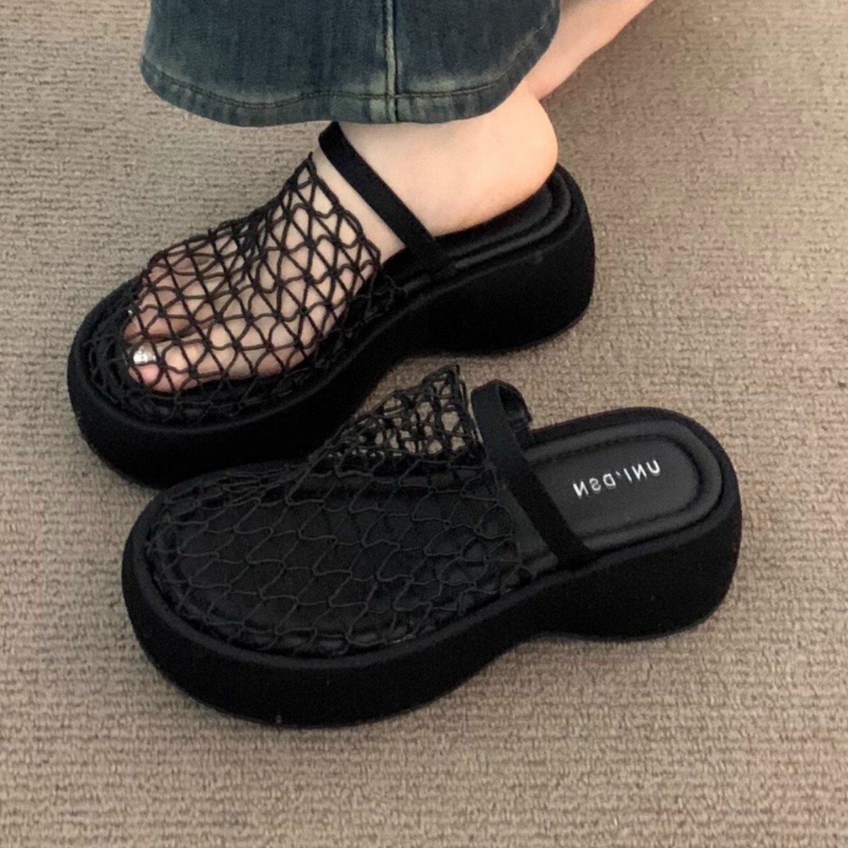 Ddmysports Platform Thick Sole High Heel Hollow Black Closed Toe Sandals For Women Summer Gentle Fairy Petite Height Increasing Half Slippers Outdoor 
