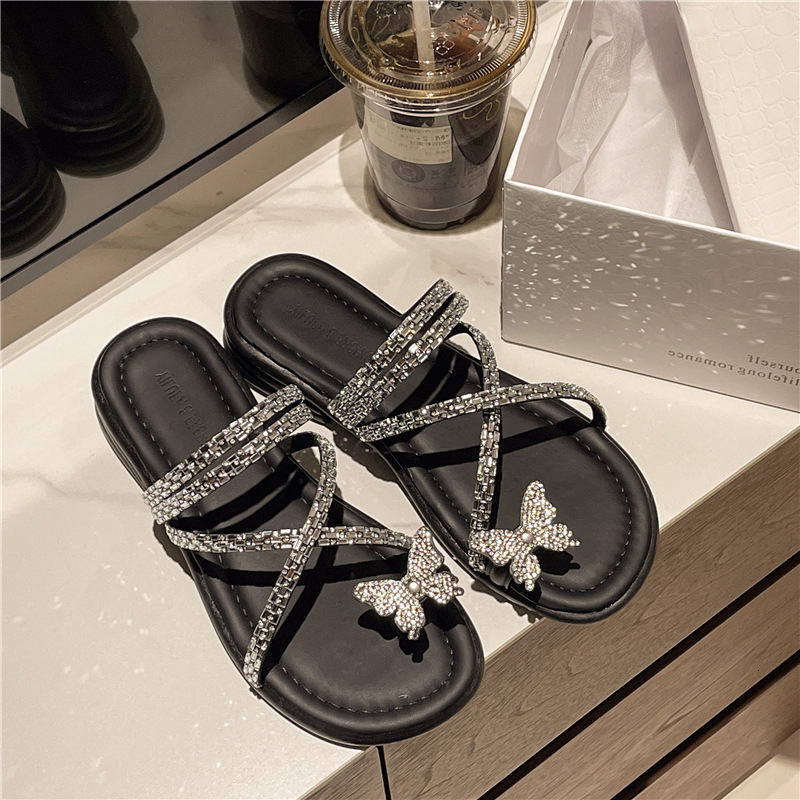 Ddmyoutdoor Ddmyoutdoor French Style Rhinestone Fairy Slippers For Women Summer Outdoor Flat New Toe Clip Perfect With Dress Beach Sandals Shoes Outdo