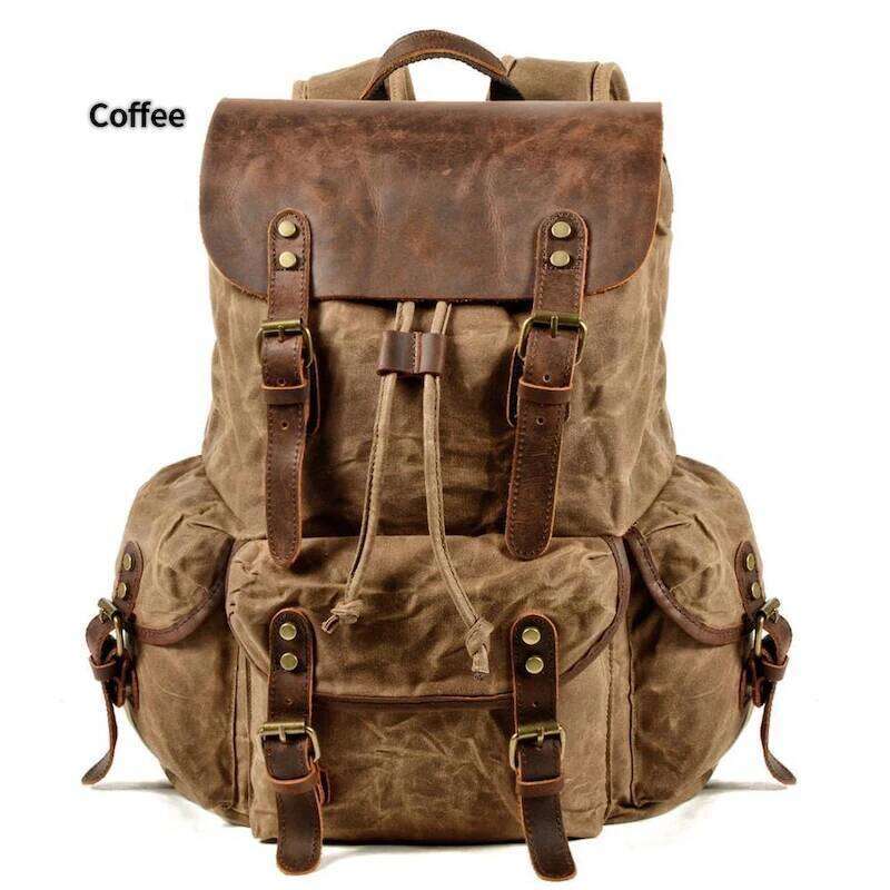 Vintage Crazy Horse Leather And Wax Canvas Backpack Waterproof Large Capacity Bag Outdoor Camping Travel Mochila