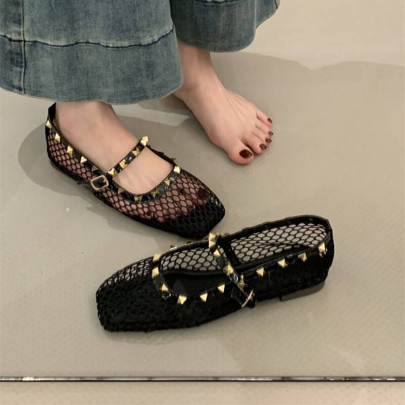 Ddmysheep Ddmysheep Hollow Out Fishnet Crochet Mary Jane For Women Summer New Round Toe Flat Ballet Shoes