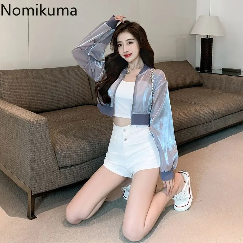 Streetwear Summer Women Jackets Stand Neck Long Sleeve Zipper Y2k Tops Womens Fashion See Through Casual Crop Coat 250611