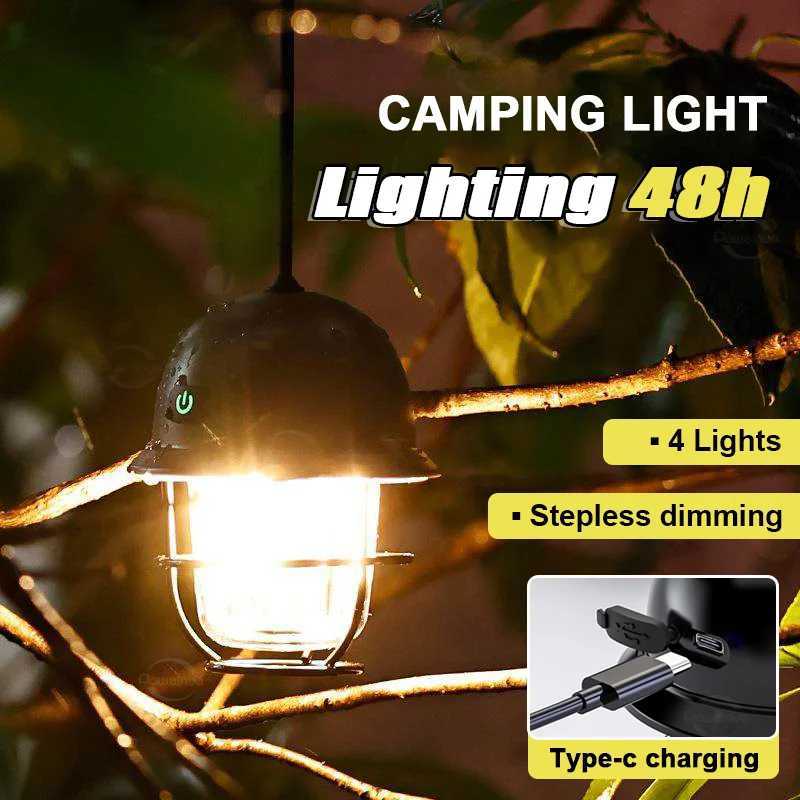 LED Camping Lamp Retro Hanging Lamp Portable Stepless Dimming Camping Tent Light Waterproof Rechargeable Outdoor Lantern W250613