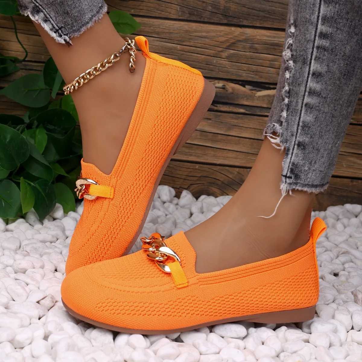 Metal Chain Decor Flats Shoes for Women 2025 Plus Size 44 Mesh Breathable Loafers Shoes Woman N-Slip Casual Vulcanized Shoes XJ250614