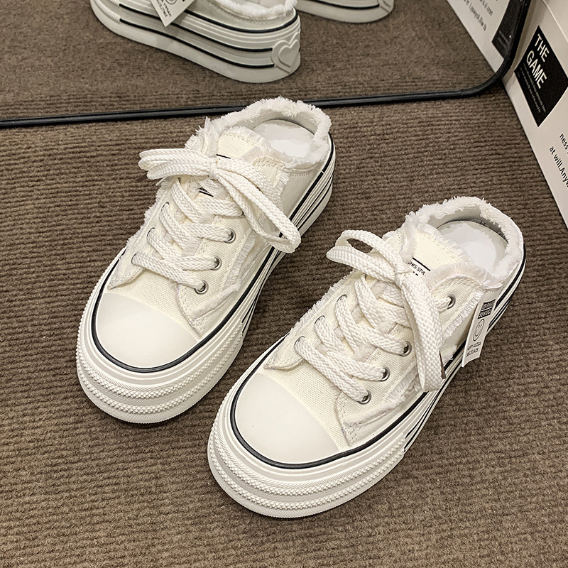 Ddmyoutdoor Baotou Canvas Half Slippers For Women Summer Outdoor New Thick Sole Height Increasing Casual Lace Up Lazy White Sandals Outdoor Shoes